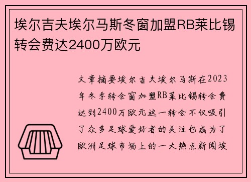 埃尔吉夫埃尔马斯冬窗加盟RB莱比锡转会费达2400万欧元