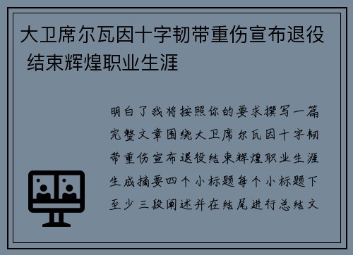 大卫席尔瓦因十字韧带重伤宣布退役 结束辉煌职业生涯
