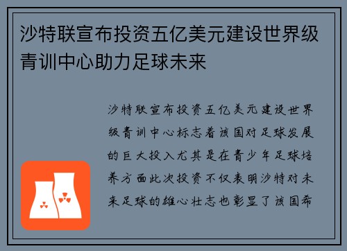 沙特联宣布投资五亿美元建设世界级青训中心助力足球未来 沙特联宣布投资五亿美元建设世界级青训中心助力足球未来